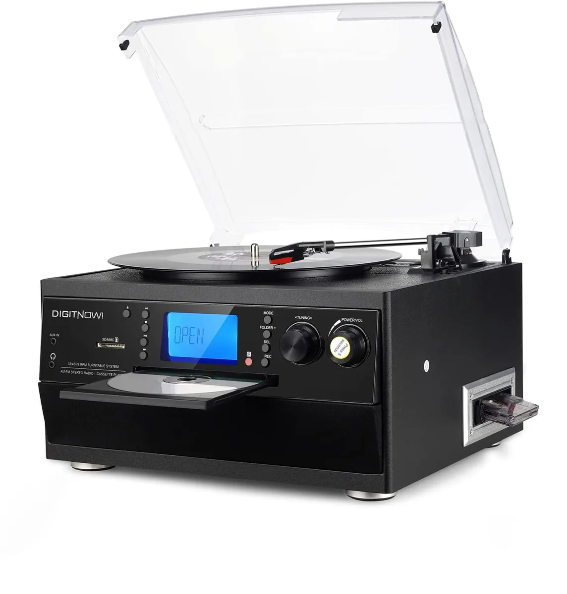 DigitNow! DigitNow! Turntable 33/45/78 RPM Bluetooth Cassette Radio Remote Black — product photo