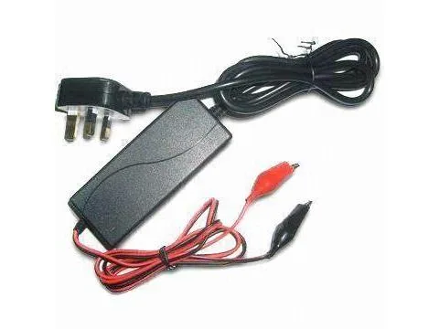 Compact black rectangular charger with red and green status LEDs, 74.0 by 28.0 by 42.0 mm