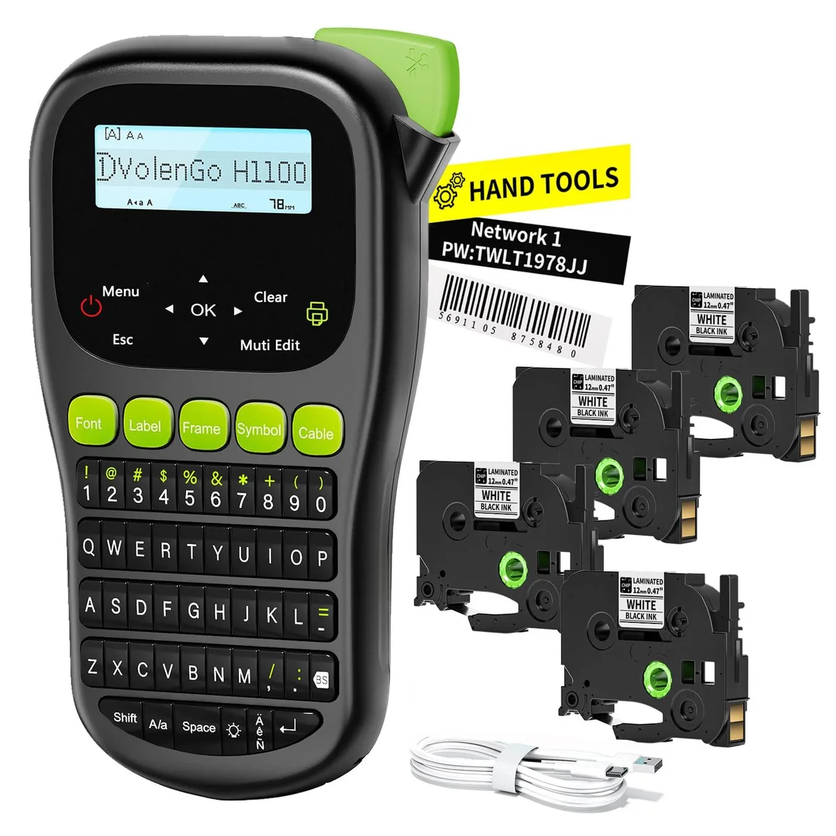 Handheld label printer with four white laminated tape rolls and USB-C cable