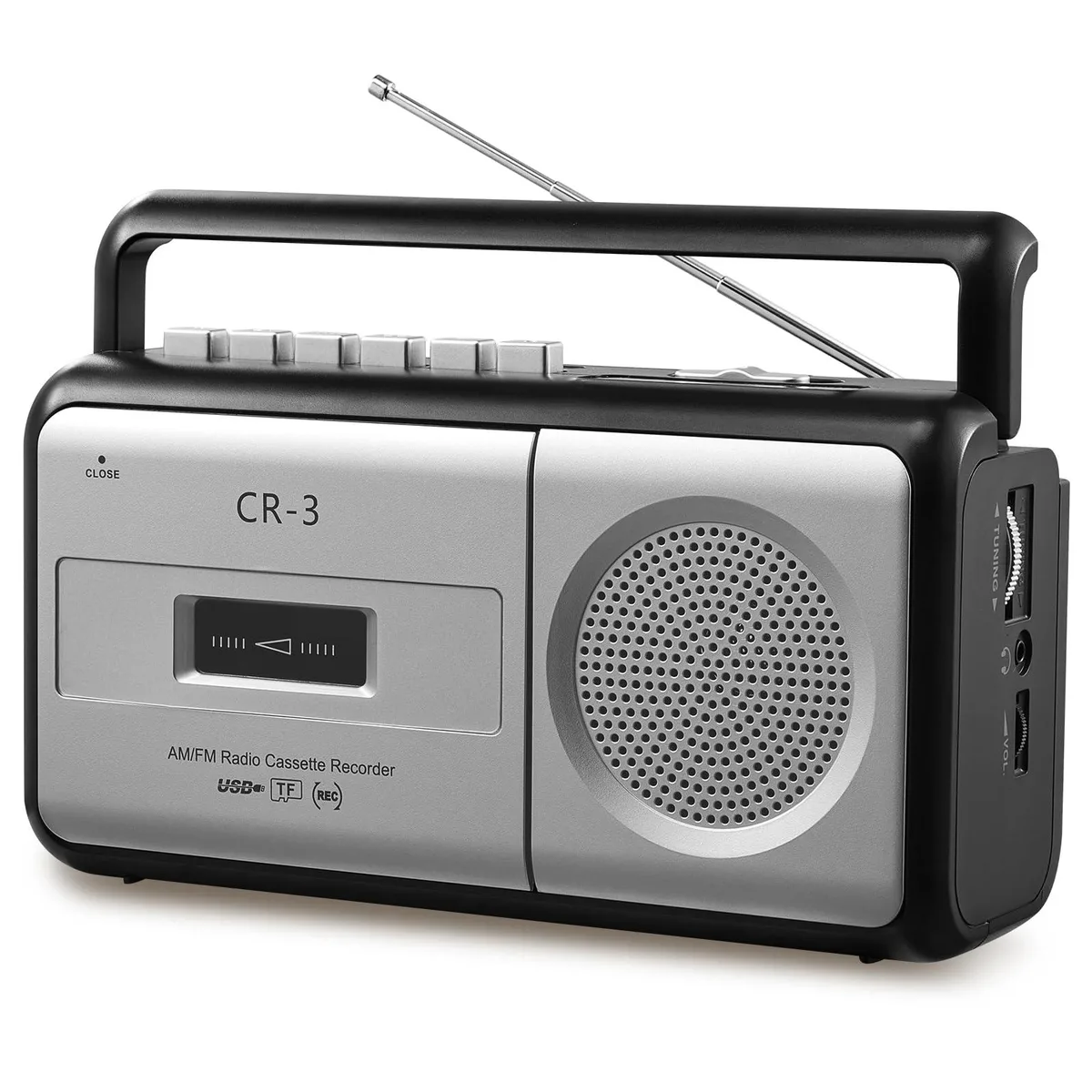  Portable Cassette Player Boombox CR-3 Black 20' AM/FM USB TF 3.5mm AC Battery — product photo