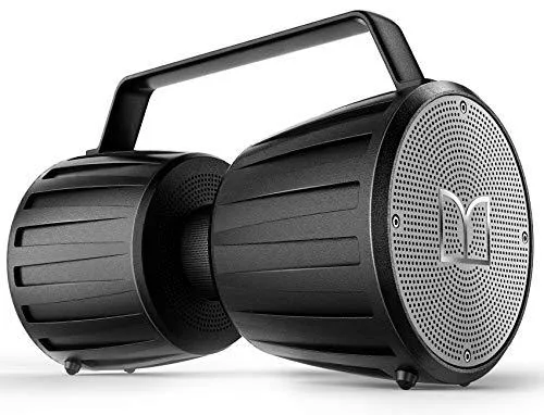 Cylindrical black Bluetooth speaker with passive radiators visible at both ends