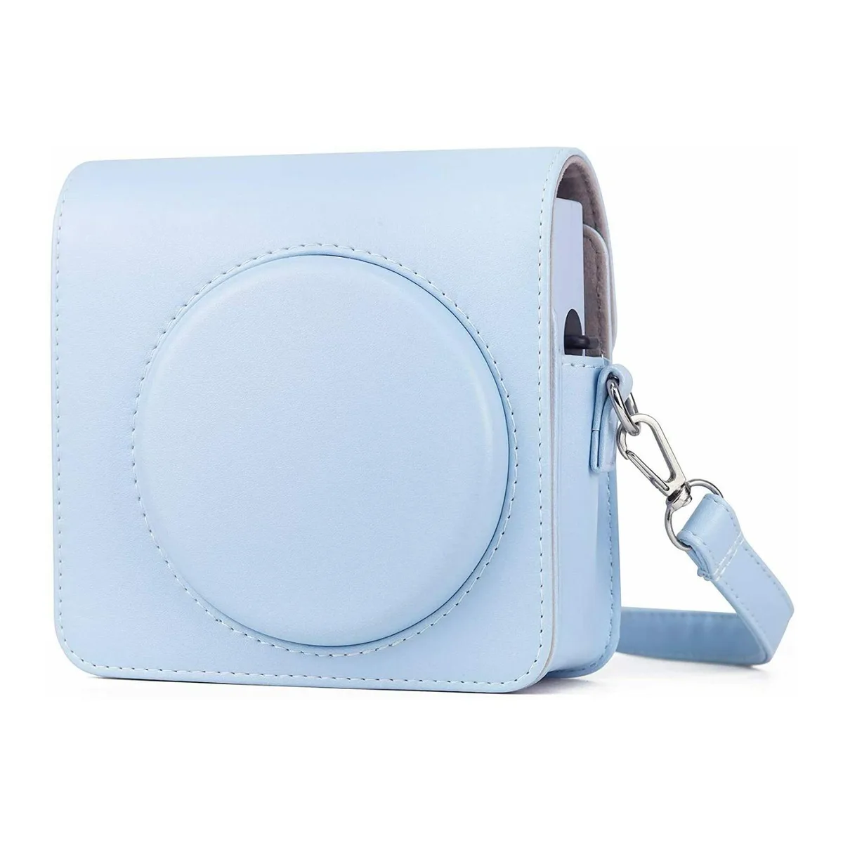 Glacier-blue poly-synthetic leather case for Instax Square SQ1, stitched edges, detachable cover, adjustable shoulder strap