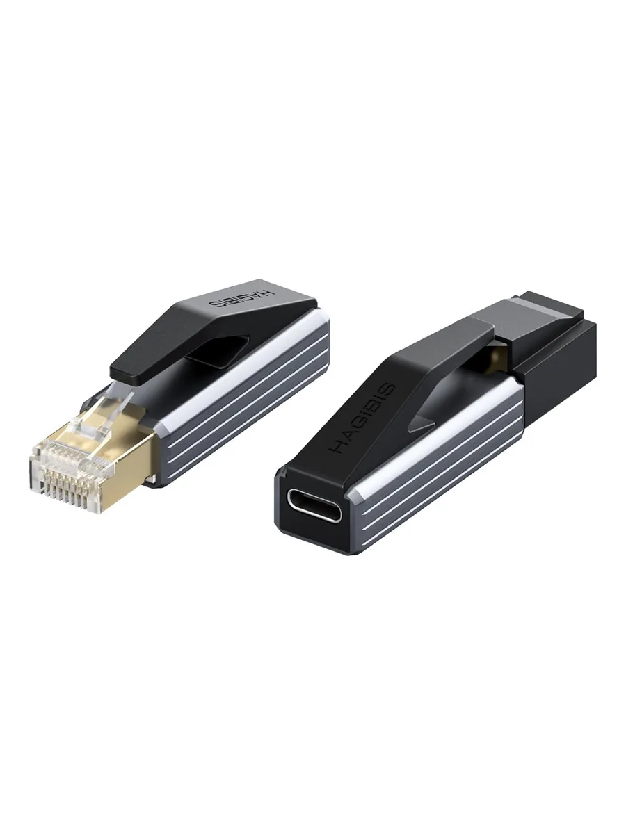 Grey 90-degree USB-C to RJ45 network adapter, compact rectangular body with angled connector