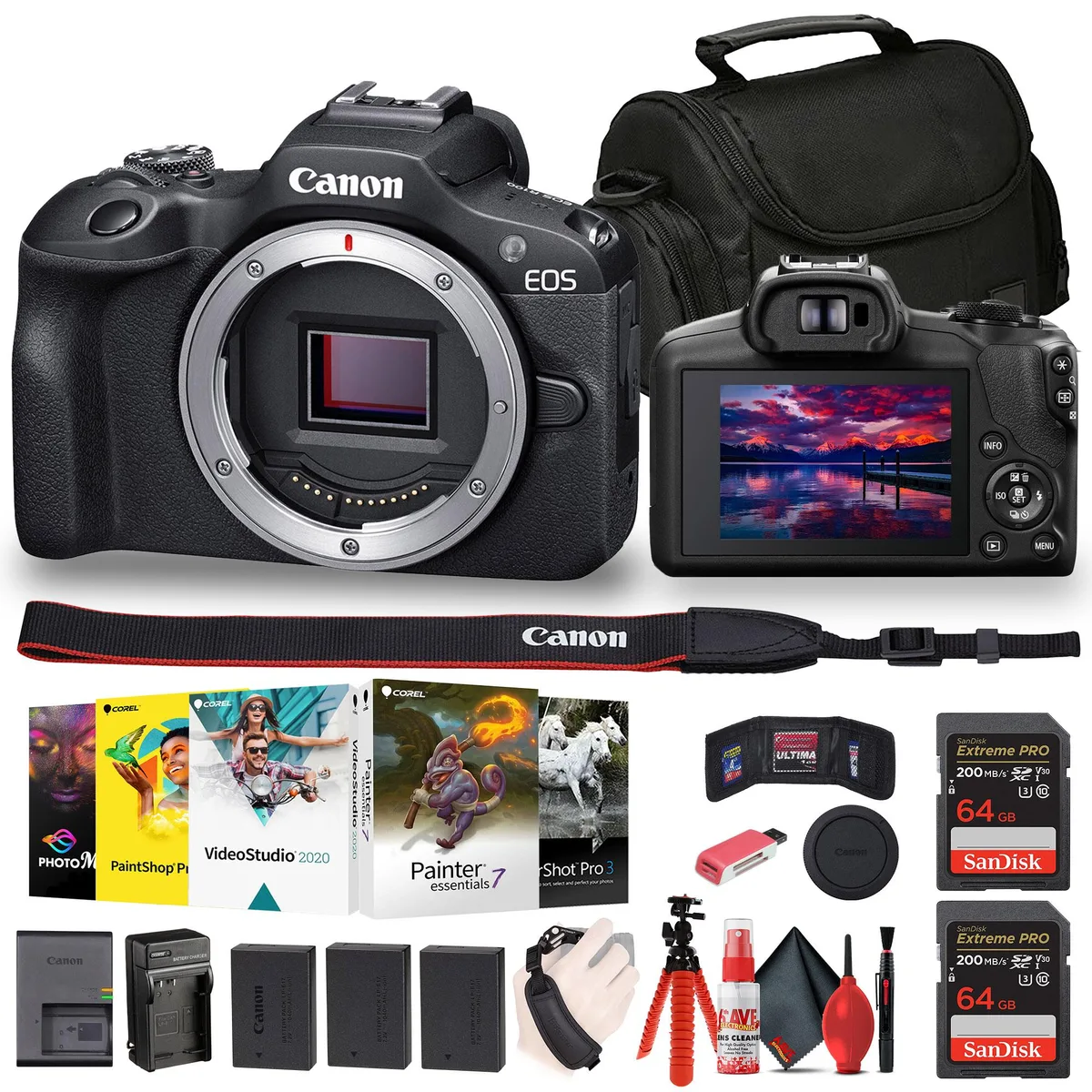 Canon Canon EOS R100 Camera Kit with Corel Software, Bag, 2x 64GB Cards, 2 Batteries, Light, Tripod &amp; Extras — product photo