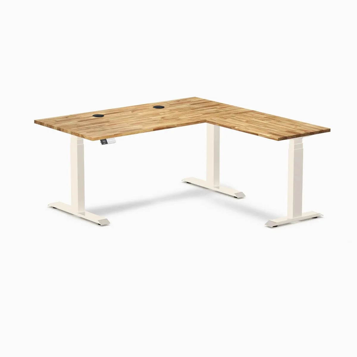Desky Desky Hardwood L-Shape Sit Stand Desk Acacia 60 x 30 x 62 x 20 in Grommets White office furniture — product photo