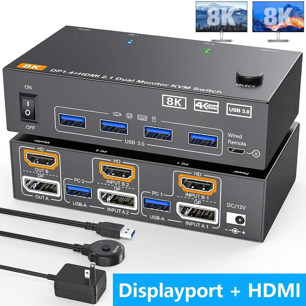WRIARICH WRIARICH Dual Monitor HDMI+DP KVM Switch 2×2 8K@60Hz 4K@144Hz USB 3.0 Wired Controller — product photo
