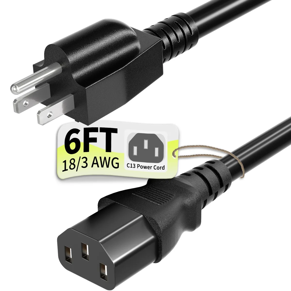  Vockjour 6ft 3-Prong AC Power Cord 18AWG 10A 125V NEMA 5-15P to C13 — product photo
