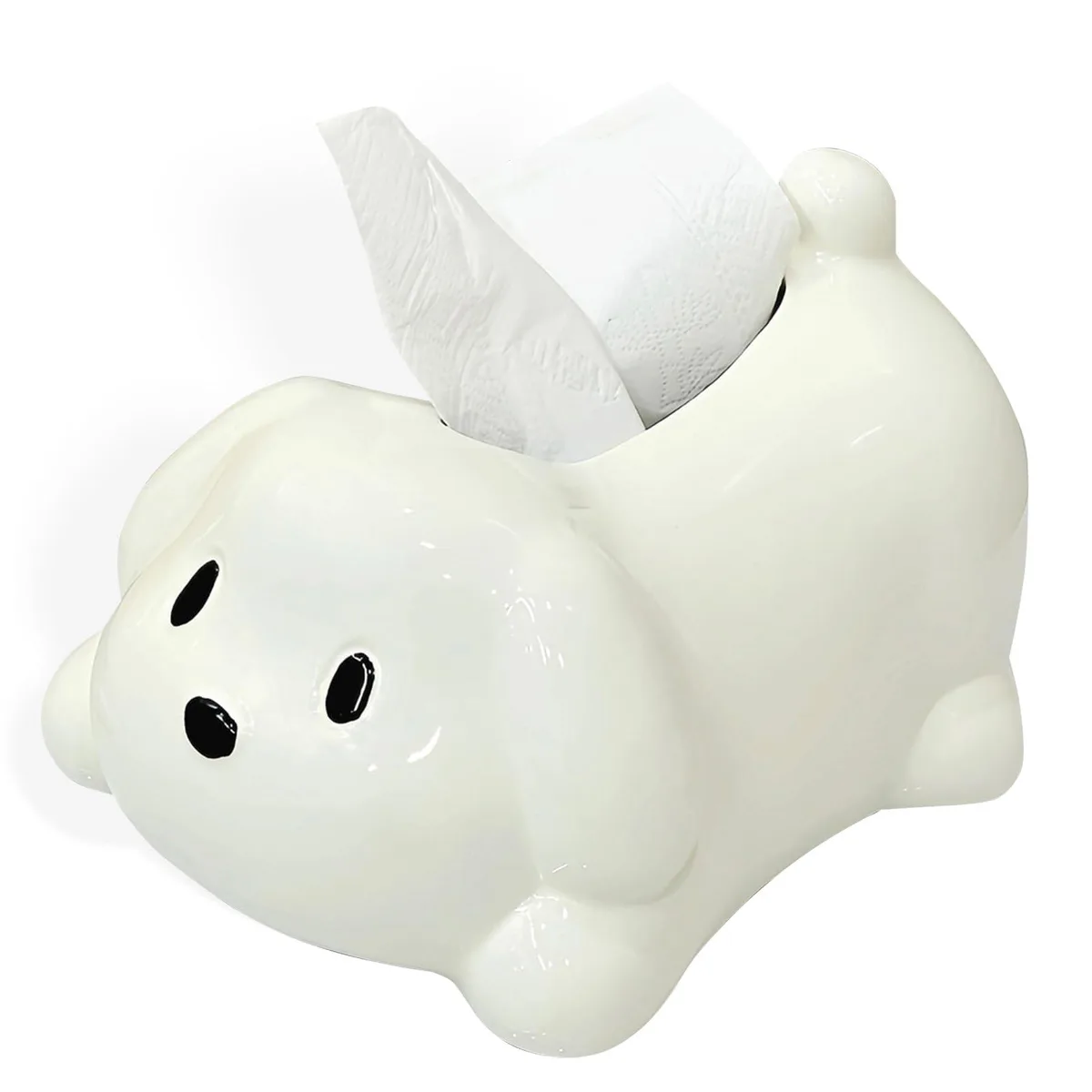 White glossy ceramic dog-shaped tissue box cover, rounded puppy silhouette, wide top opening, 6 by 7 by 5 inches