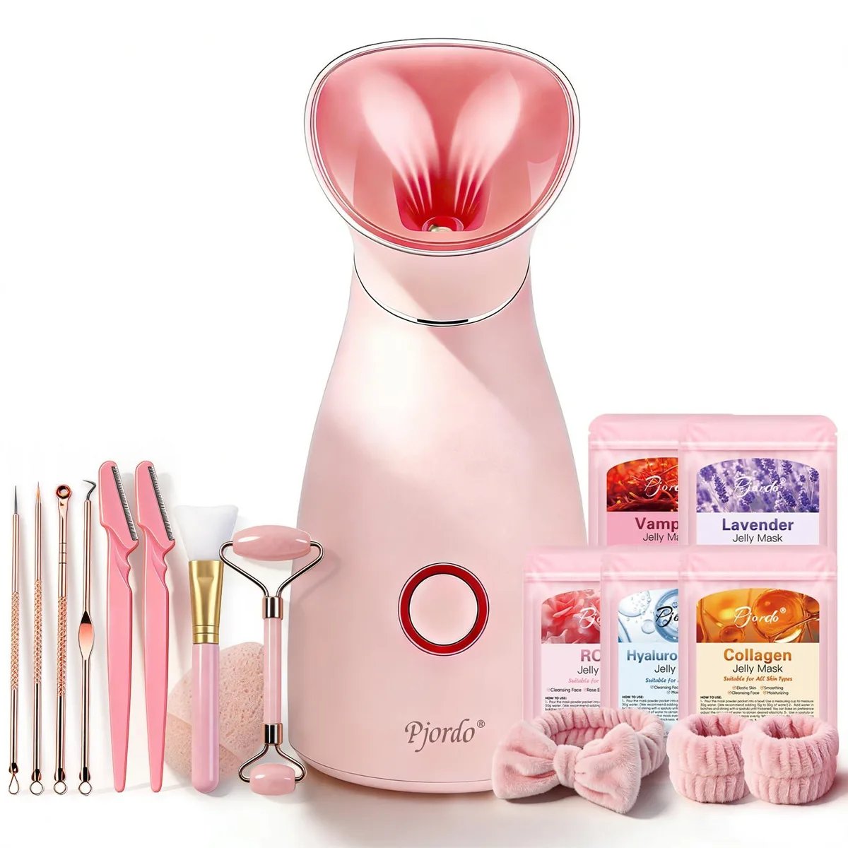  Pjordo Facial Steamer Spa Kit Pink 12 Tools 5 Jelly Masks 1.102 kg — product photo