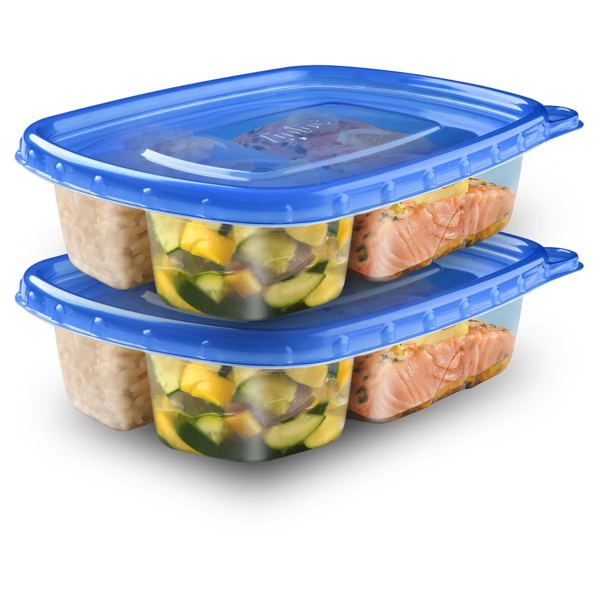 Two red rectangular food storage containers with matching lids
