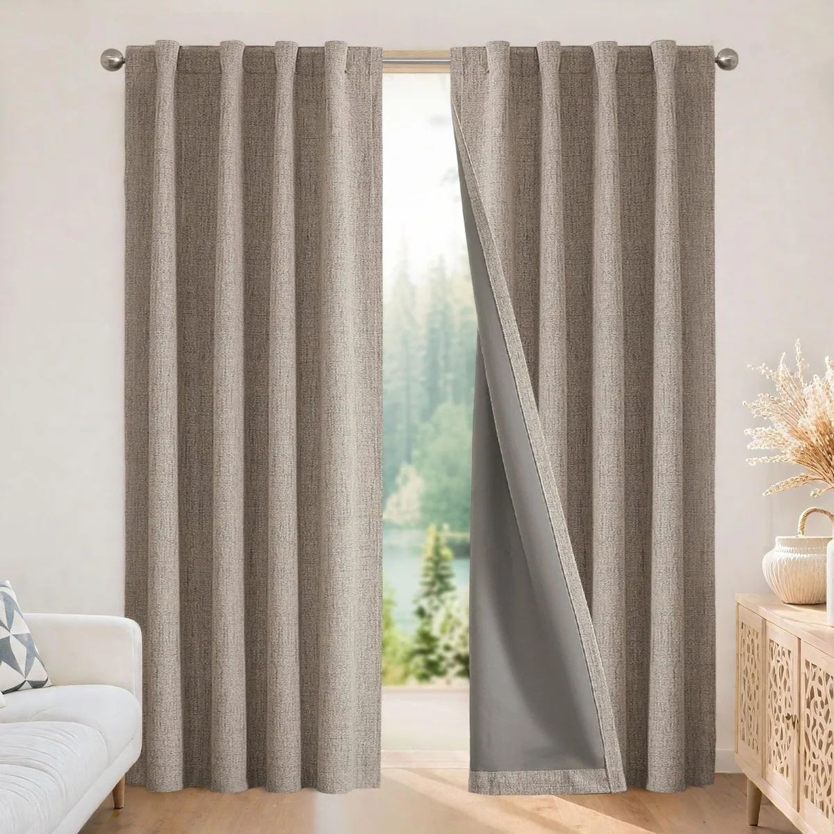 Two linen-coloured faux linen curtain panels with rod pocket and back tabs