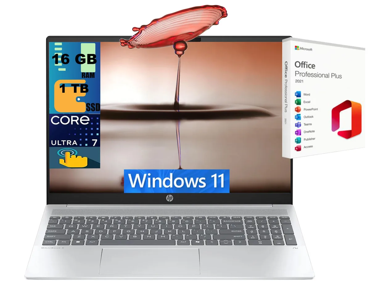 HP HP OmniBook 5 16 laptop Intel Ultra 7 255U 16GB 1TB SSD 16" WUXGA touchscreen — product photo