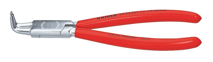 Chrome-plated angled circlip pliers with red plastic grips