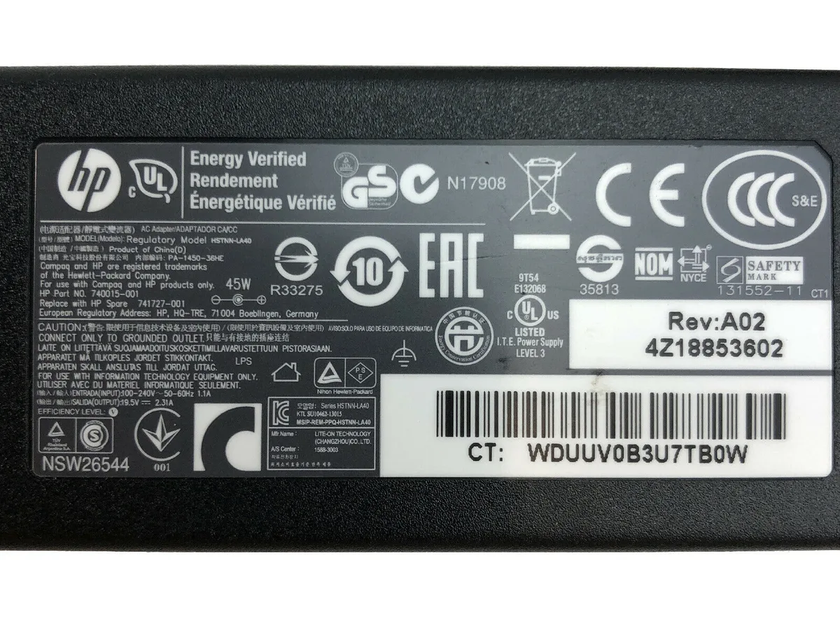 HP HP HSTNN-LA40 45 W AC adapter 19.5 V 2.31 A 740015-002 854054-003 with cord — product photo