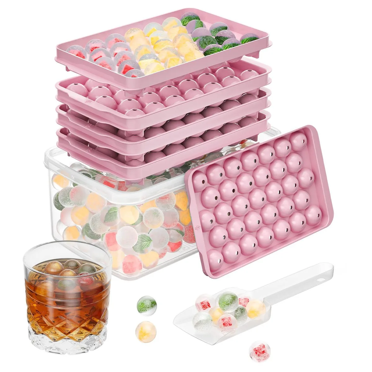 Three pink round ice cube trays with lids and storage bin
