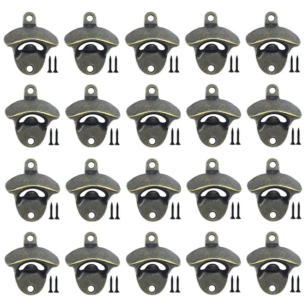 Twenty bronze wall-mounted bottle openers with screws, each 3.2 by 2.5 inches