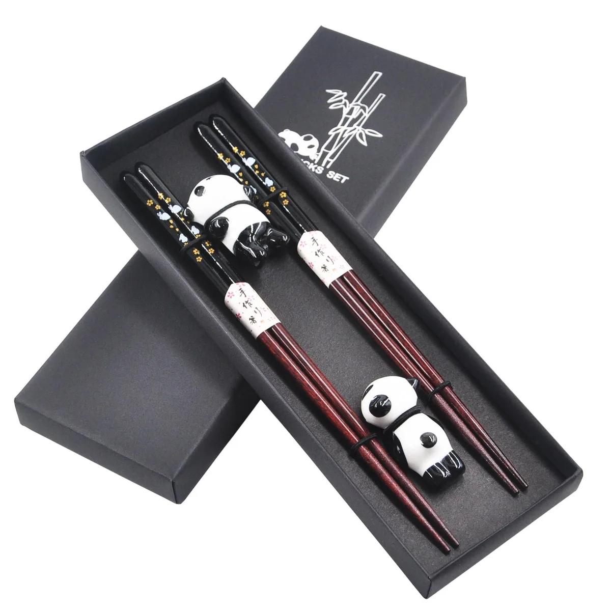 Black wooden chopsticks with ceramic panda rests in gift box