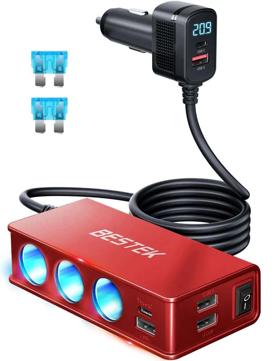  BESTEK TR-49 148W 3-Socket Cigarette Lighter Splitter 9-in-1 with PD 30W QC 18W LED Display Red — product photo