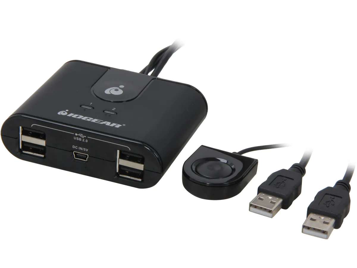 Black rectangular USB 2.0 sharing switch with two upstream cables and four downstream ports