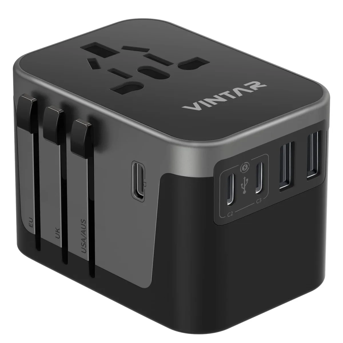 Compact black travel adapter with sliding plug mechanisms and five USB ports