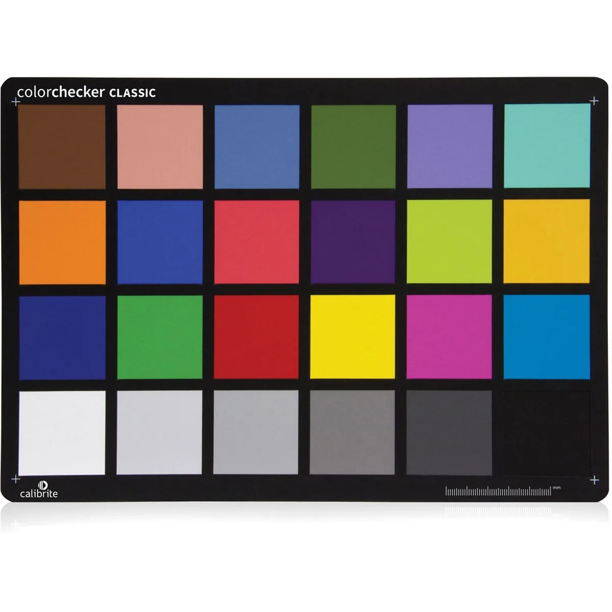 A4-sized rectangular color reference chart with 24 matte patches in a grid layout