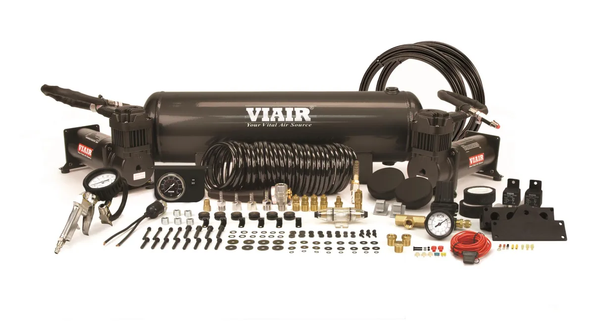 Black rectangular onboard air system with dual compressors, 2.0 gallon tank and pressure regulator