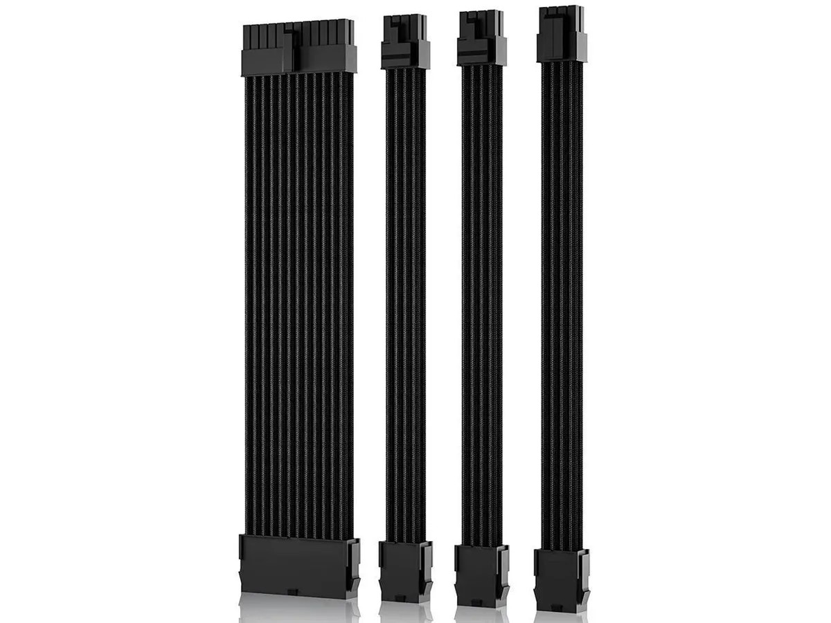 Black sleeved power cable extension kit with combs, 30 cm length