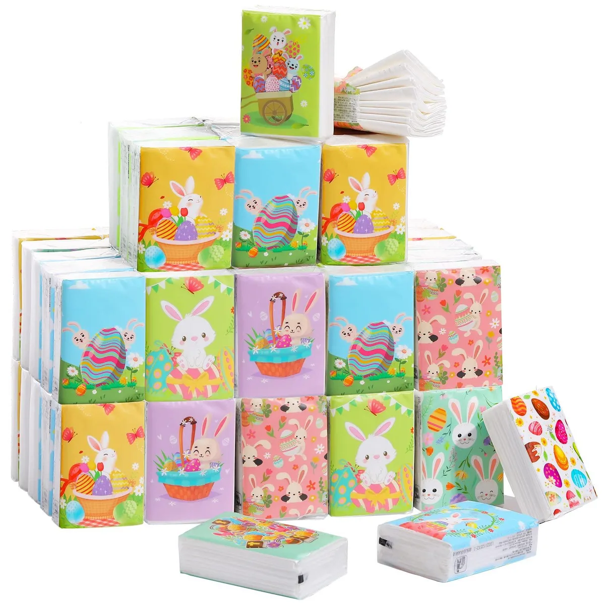 Red rectangular tissue packs in a clear bag, ten Easter patterns, pocket size, 30 packs