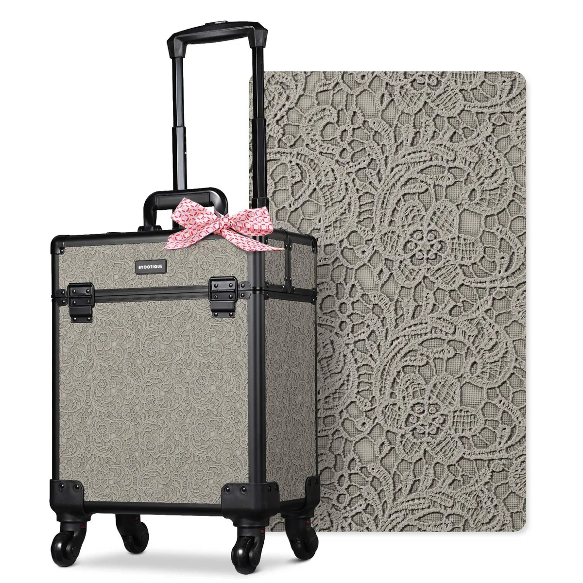 Rolling makeup train case in Rococo Gray with embossed floral design, four extendable trays, aluminum frame, four swivel wheels