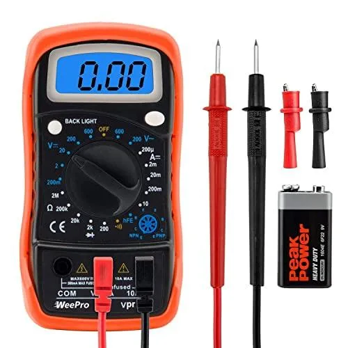 Yellow digital multimeter with rubber kickstand case, test leads and alligator clips