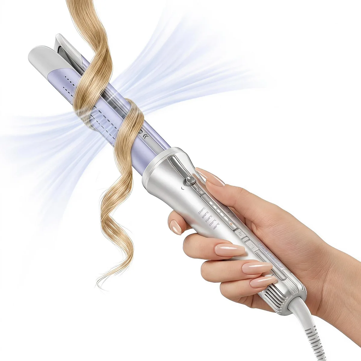 White cylindrical styling tool with 136 cool air vents and enclosed barrel