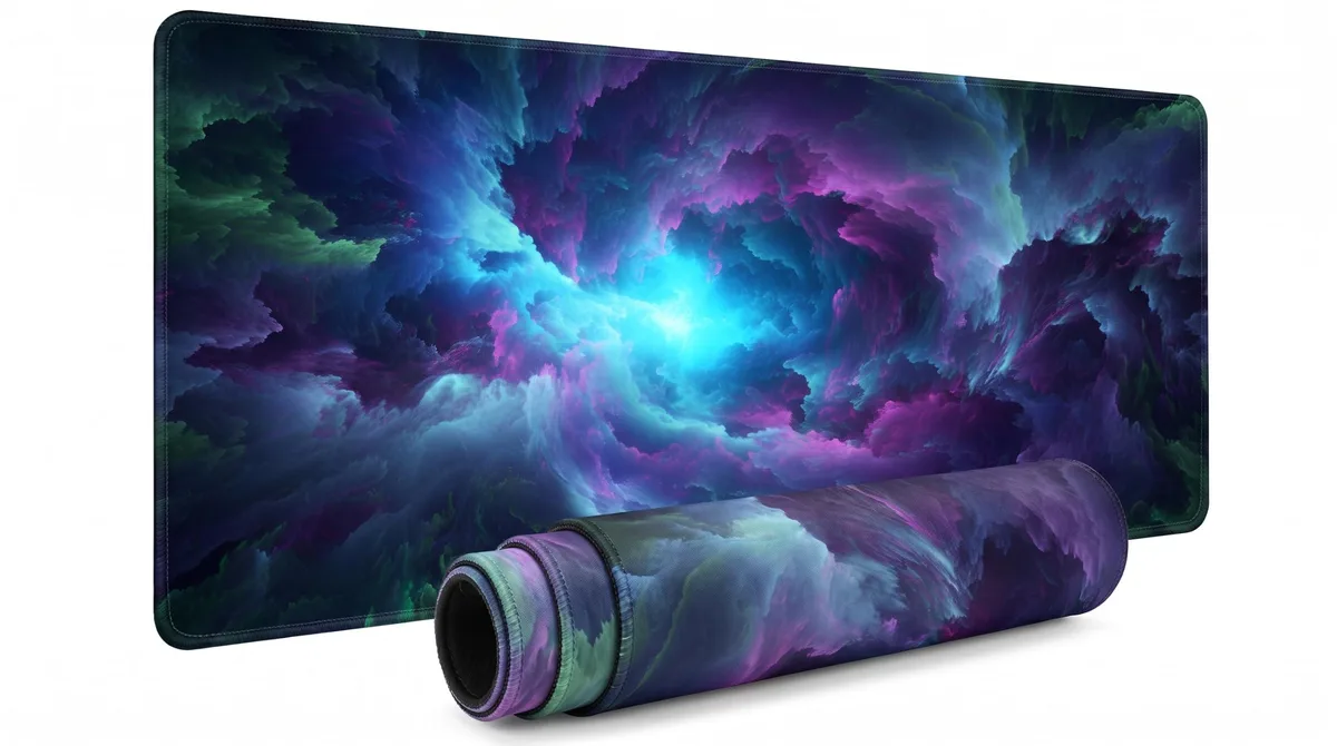 Large rectangular mouse pad with nebula artwork, smooth polyester surface, non-slip rubber base, 31.5 by 11.8 inches