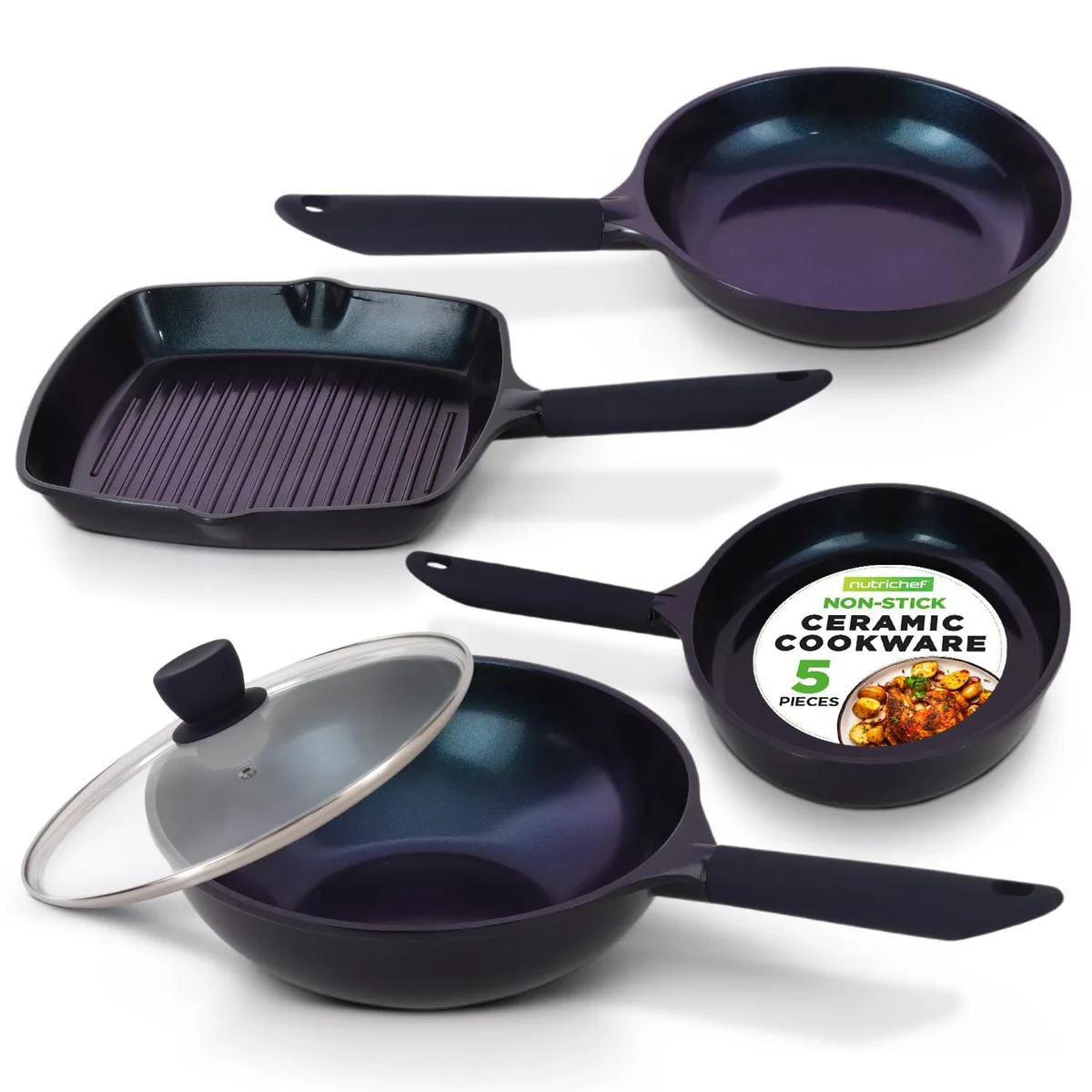 Five ceramic pans in blue diamond finish including wok with glass lid grill pan and two frying pans
