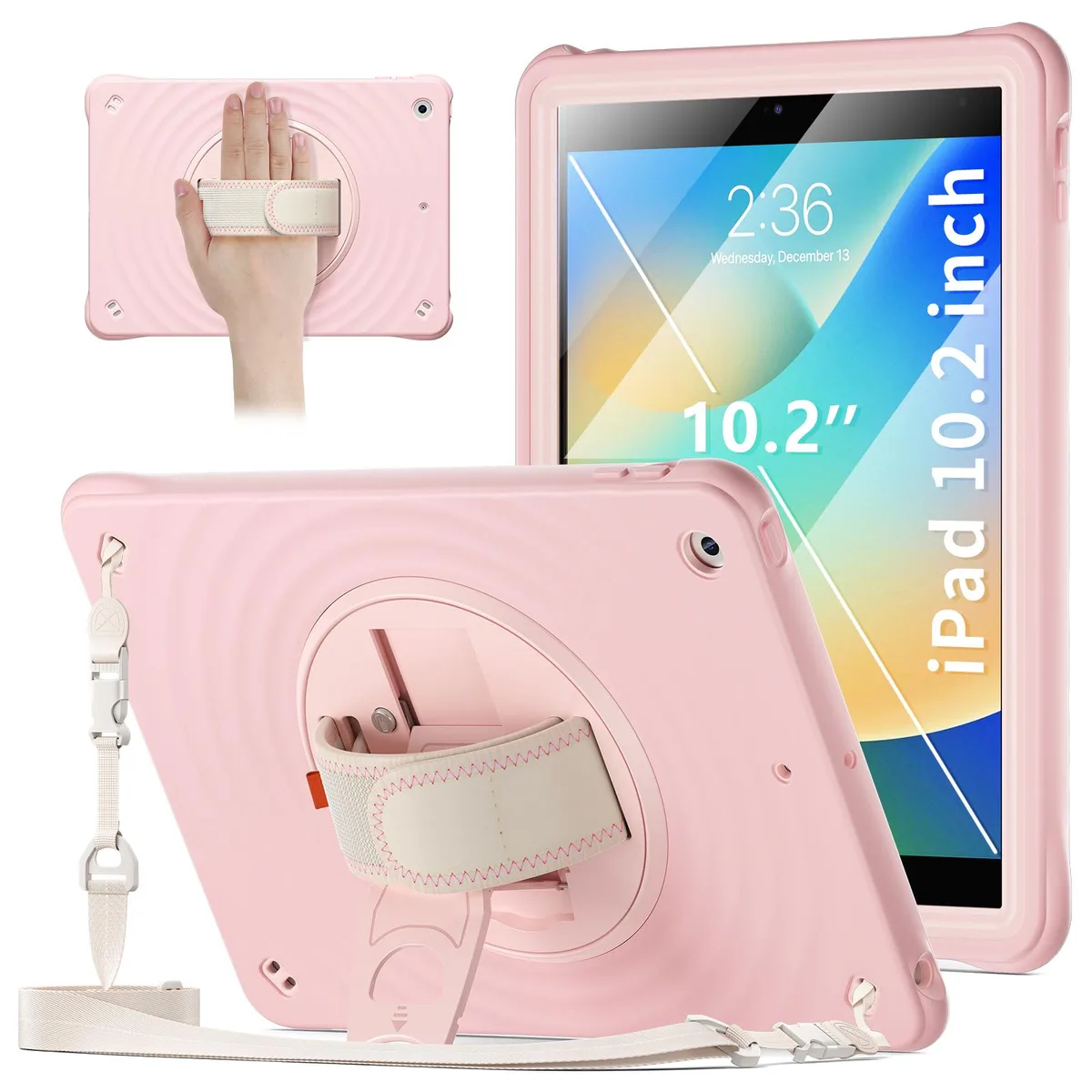 Pink liquid silicone iPad 10.2 inch case with rotating stand, shoulder strap and pencil holder