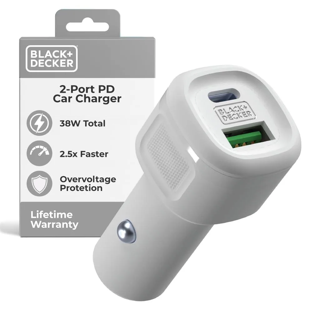 Compact black car charger with two USB ports and a blue LED ring