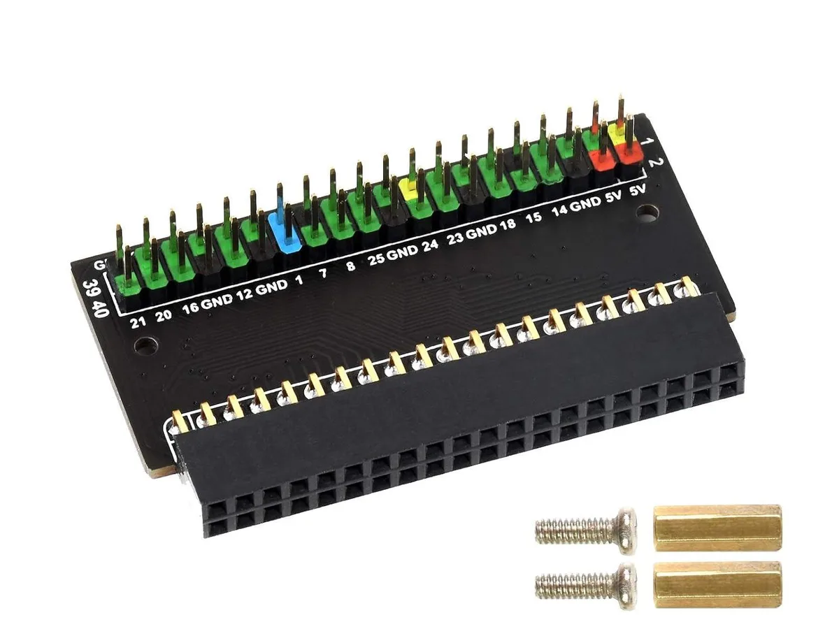 Small rectangular circuit board with 40 color-coded header pins for Raspberry Pi 400