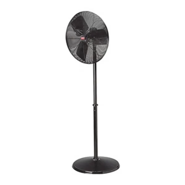 Silver metal 18 inch industrial ceiling fan on black pedestal stand