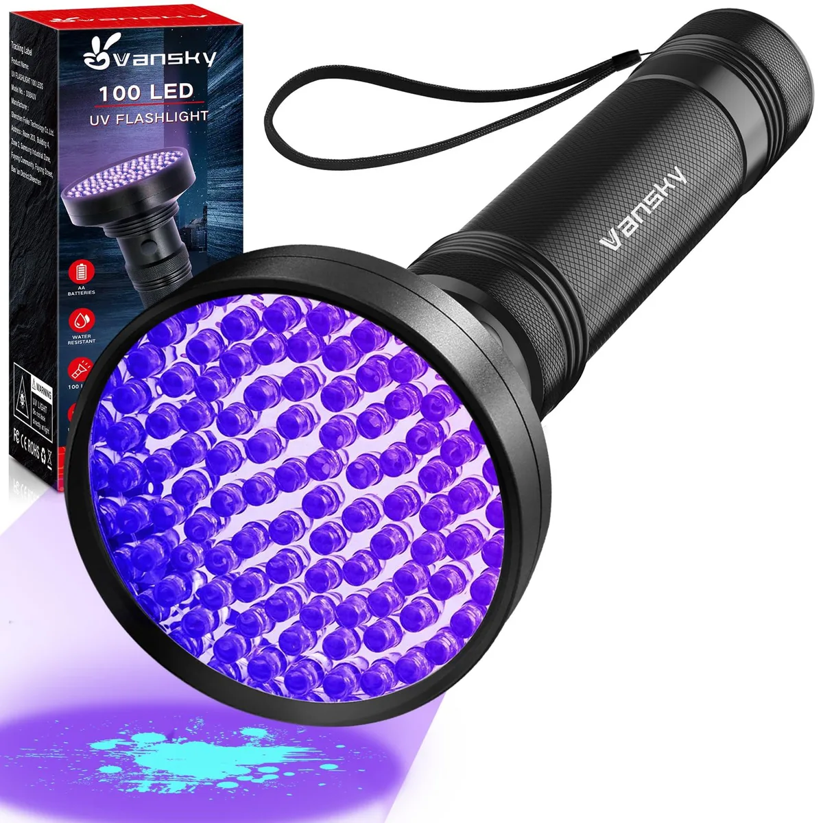 Aluminium UV flashlight, 100 LEDs, 21 cm long