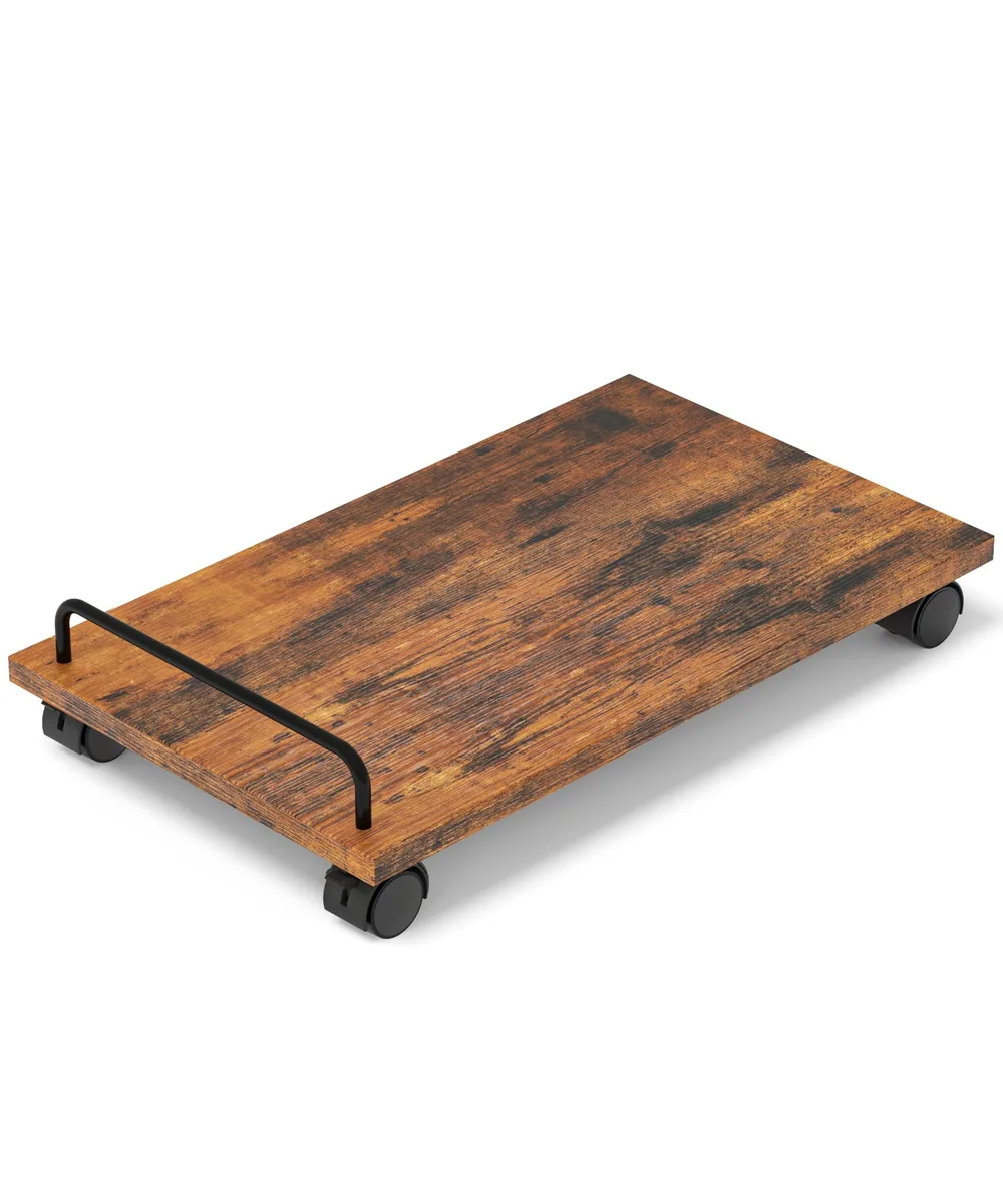 Rustic brown mobile CPU stand with four caster wheels and protective fence