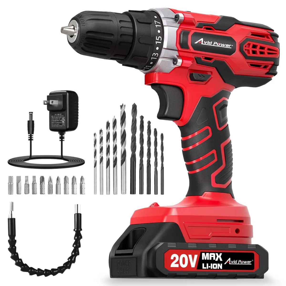 AVID POWER ACD136 20V Cordless Drill Set Battery Charger Red — product photo