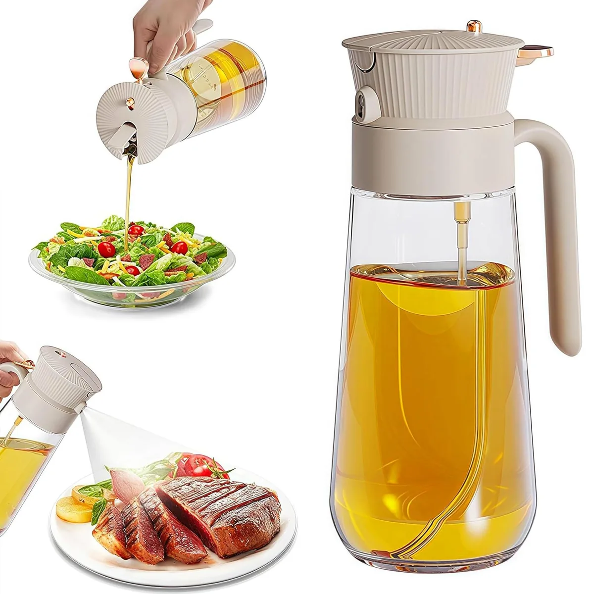 White glass oil sprayer bottle with spray and pour nozzle, 580 ml capacity