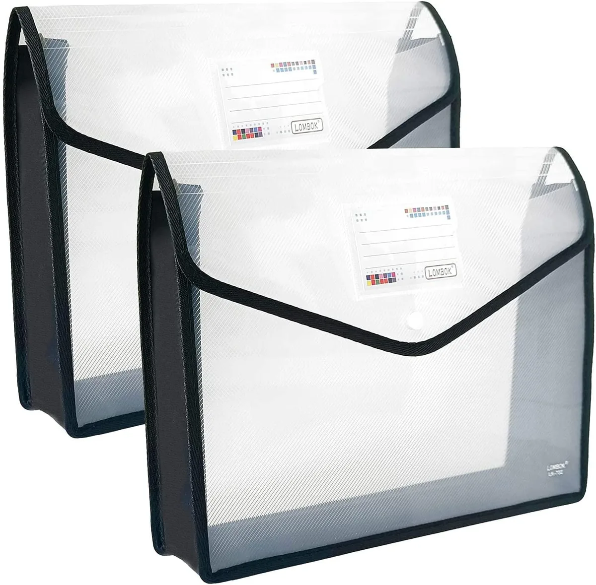Two black plastic expandable file folders with snap closures and label pockets