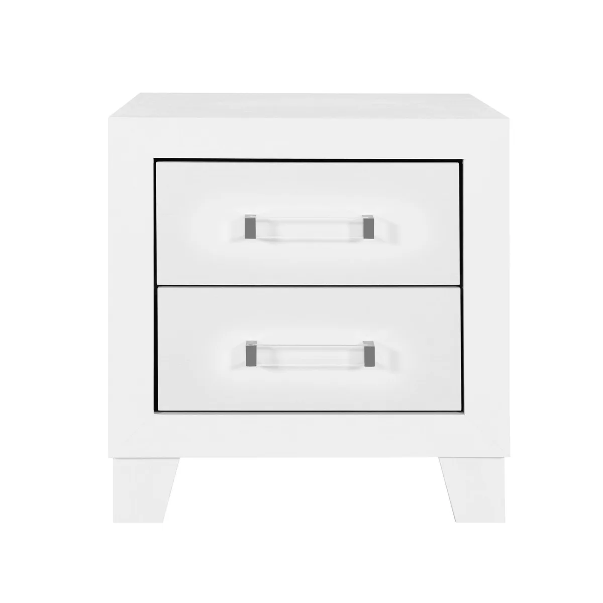 White nightstand with acrylic handles, rectangular shape, clean lines