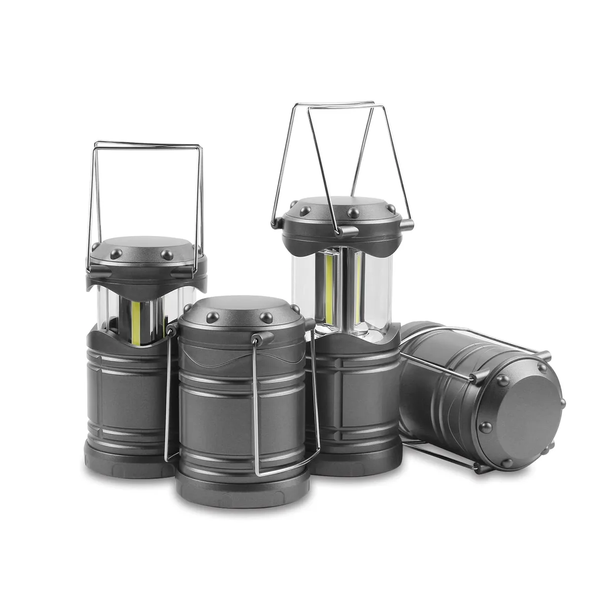 Four gray collapsible LED lanterns with foldaway handles, tabletop mount