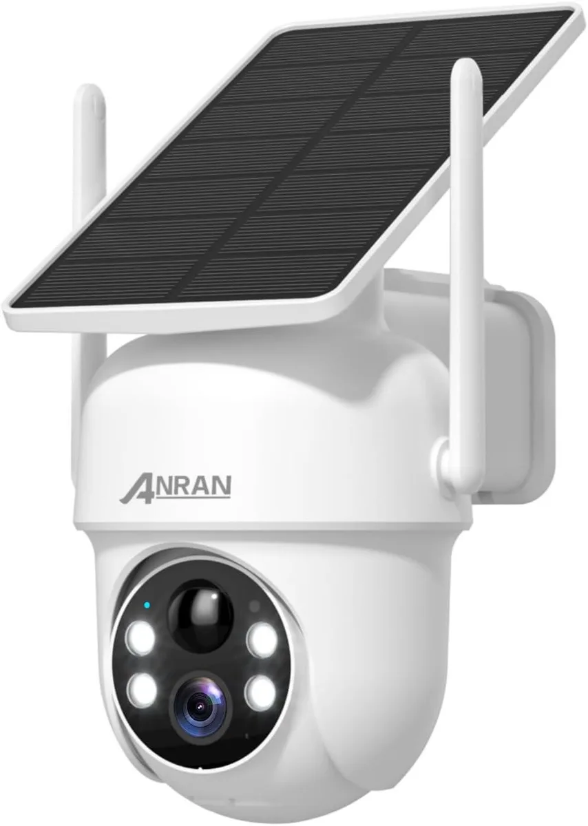 White outdoor PTZ camera with fixed solar panel on top