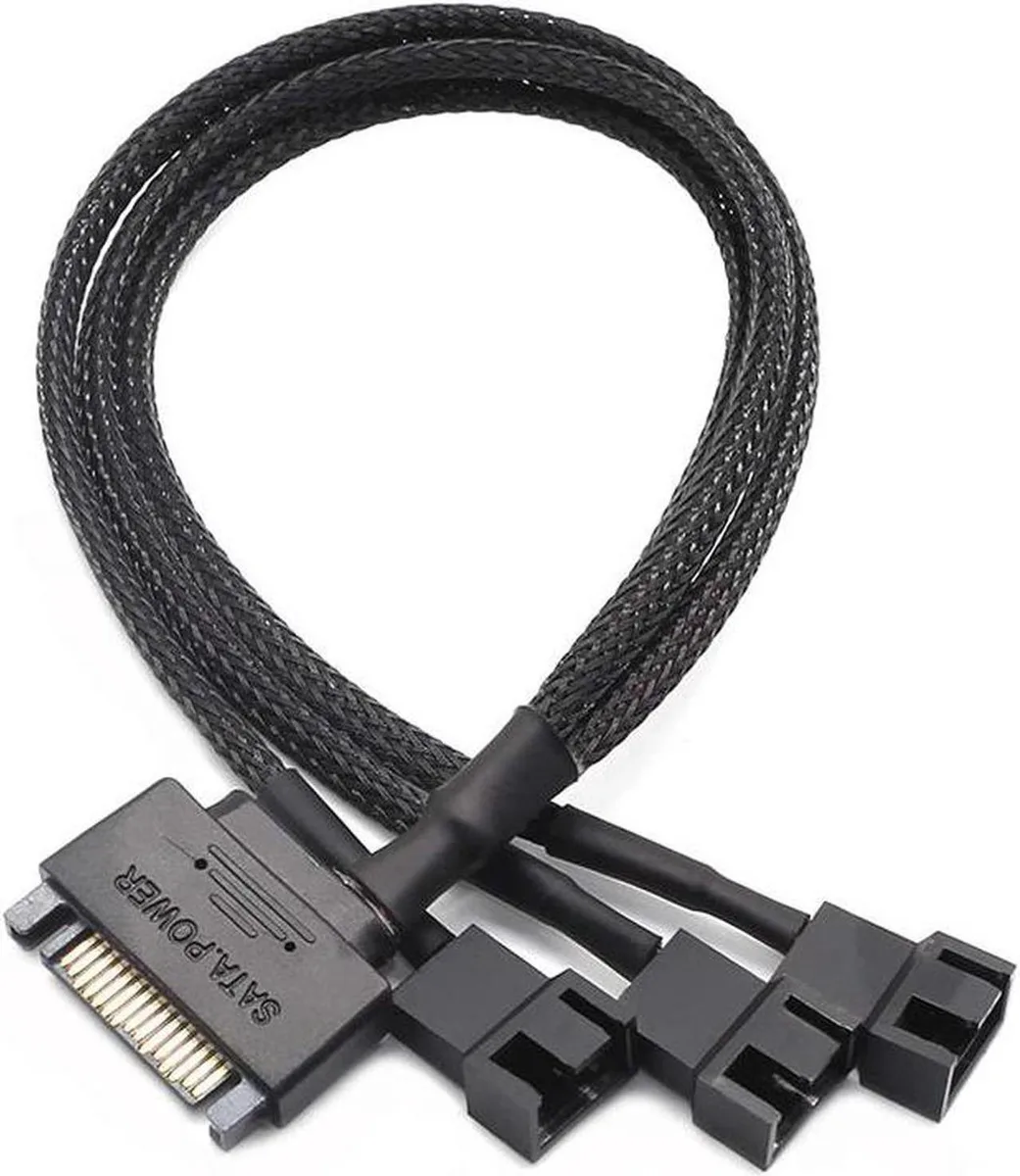 Aomoproing Aomoproing SATA 15-pin to 3x TX3 / TX4 PWM fan sleeved power splitter cable 10 inch black — product photo