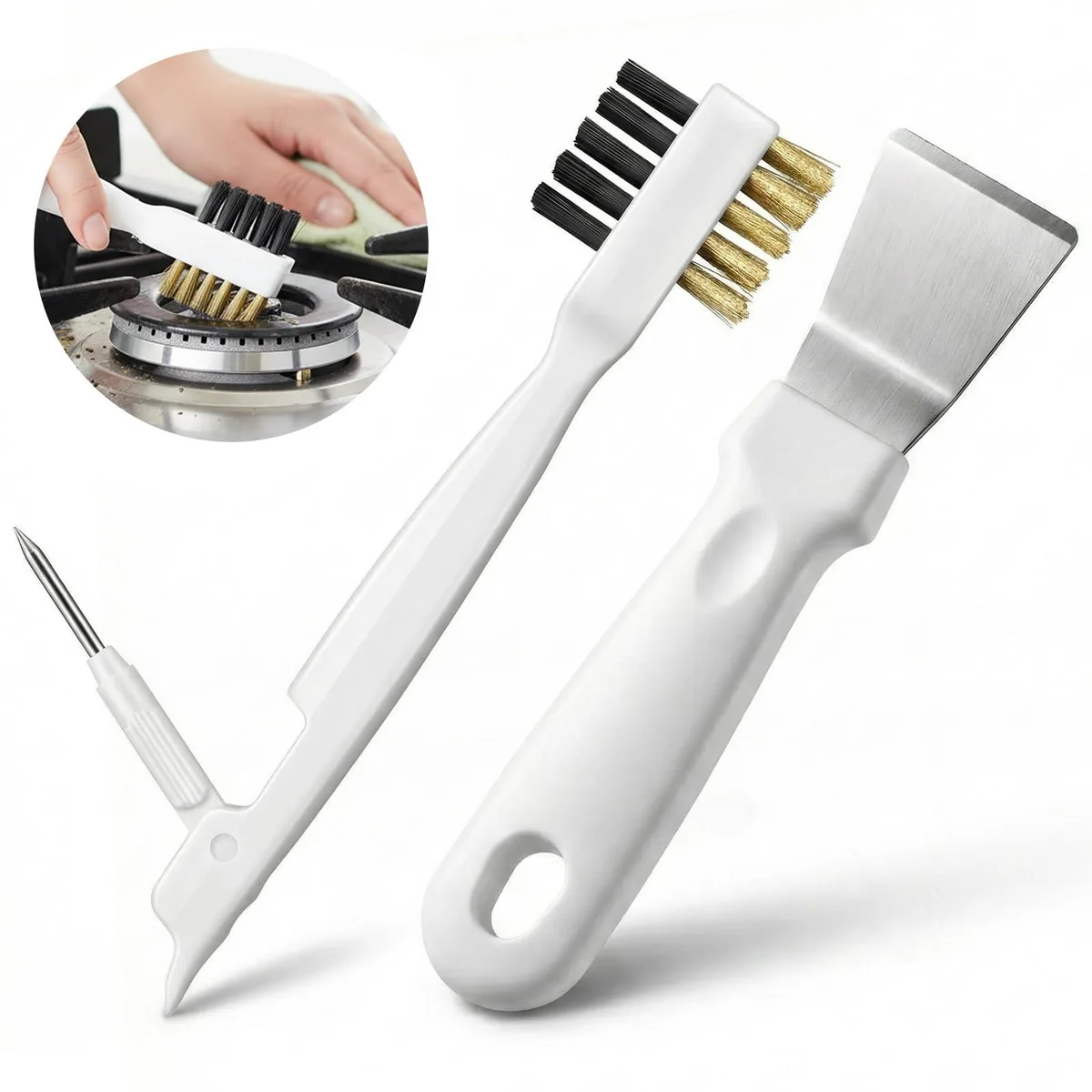 White polyethylene brush with brass wires and stainless steel scraper plus separate wide scraper tool