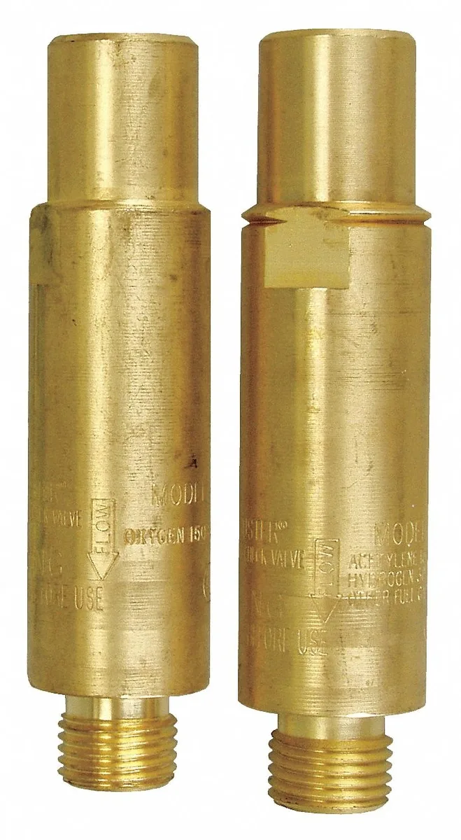 Brass flashback arrestor pair with 9/16-18 UNF fittings for oxygen and fuel regulators
