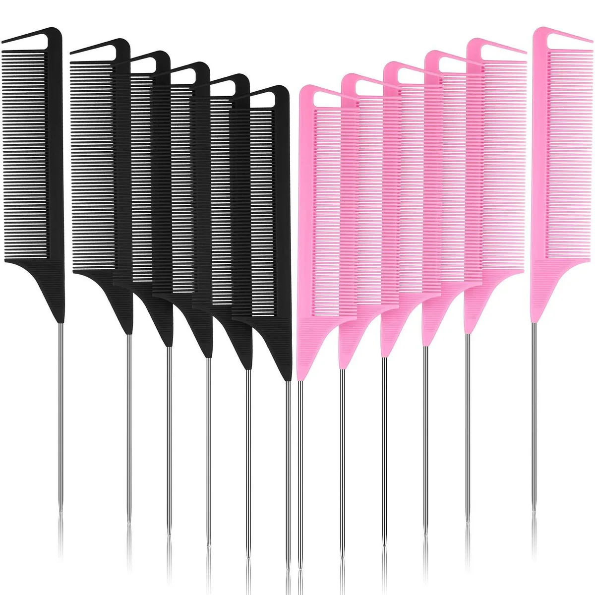 Twelve pink and black rat tail combs laid flat