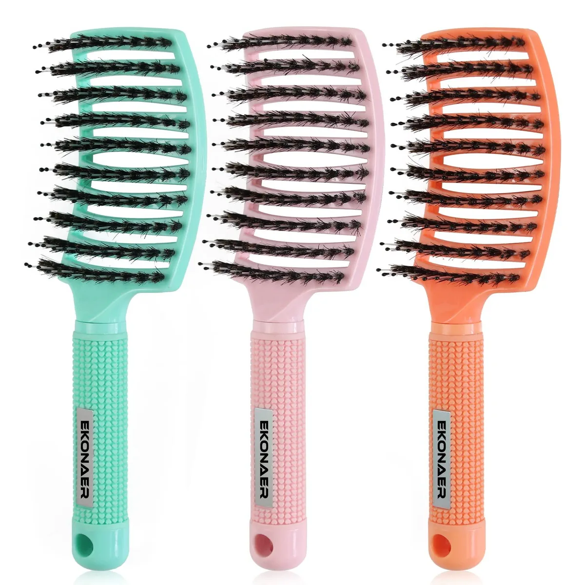 Three green curved vented hair brushes with boar bristles and rubber handles
